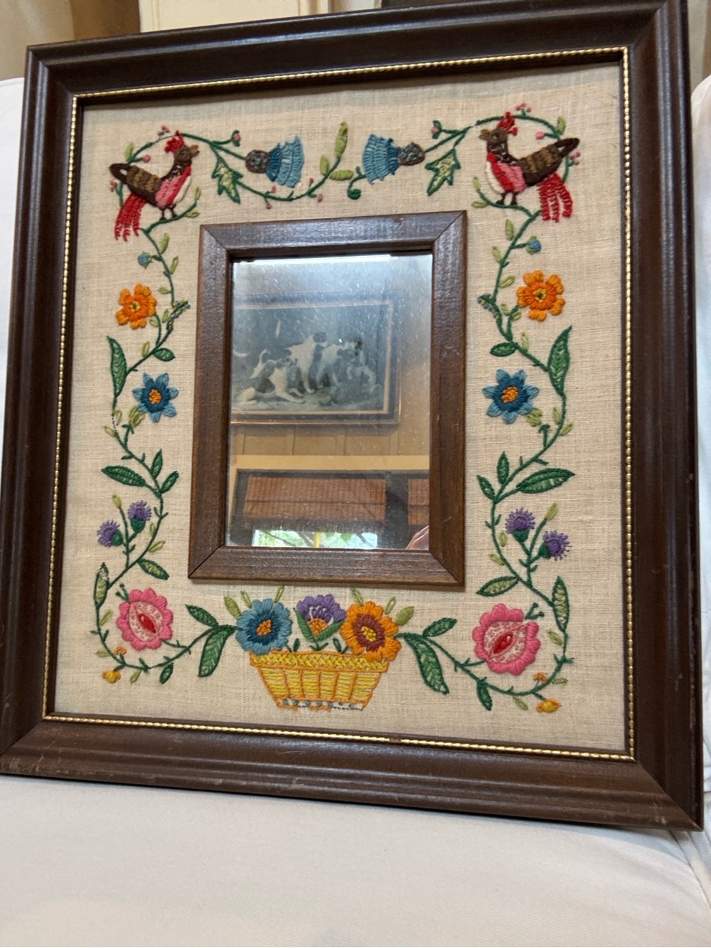 Vintage embroidery crewel framed mirror. Floral bird design